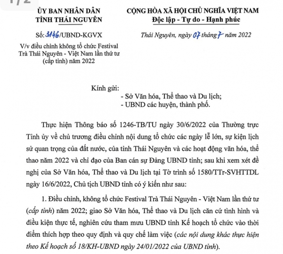 Điều chỉnh không tổ chức Festival Trà Thái Nguyên - Việt Nam lần thứ tư (cấp tỉnh) năm 2022