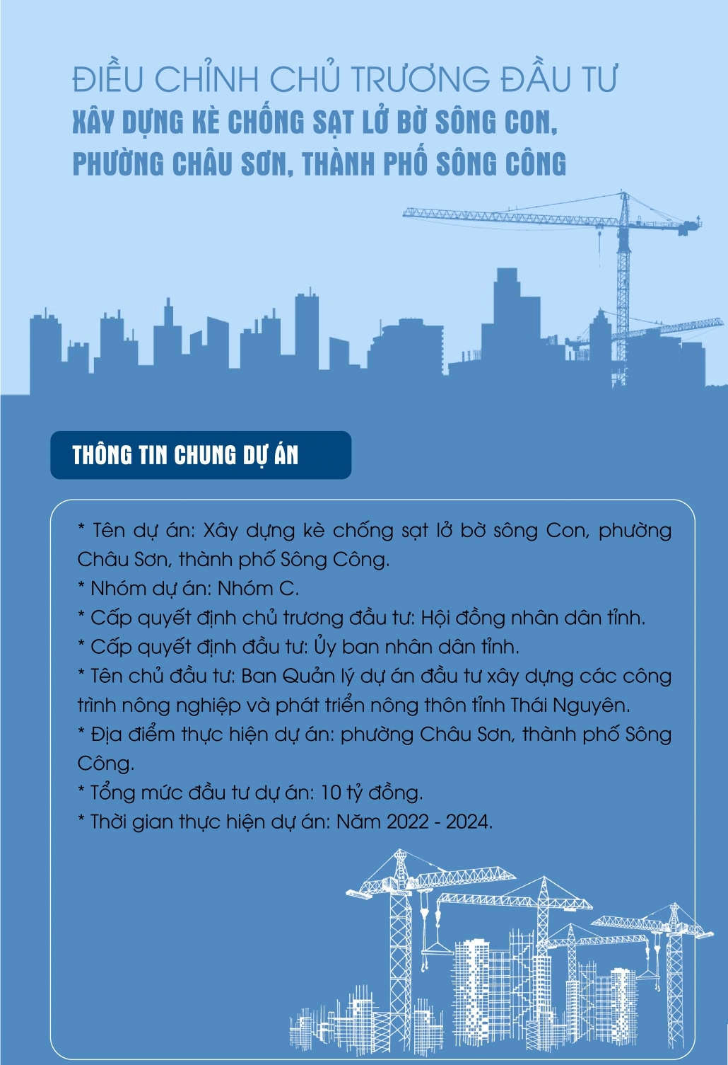 [Infographic] Điều chỉnh chủ trương đầu tư xây dựng kè chống sạt lở bờ sông Con, phường Châu Sơn, thành phố Sông Công