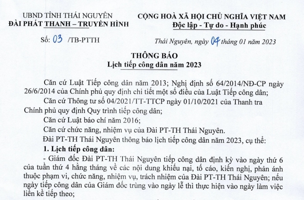 Đài PT-TH Thái Nguyên thông báo Lịch tiếp công dân năm 2023
