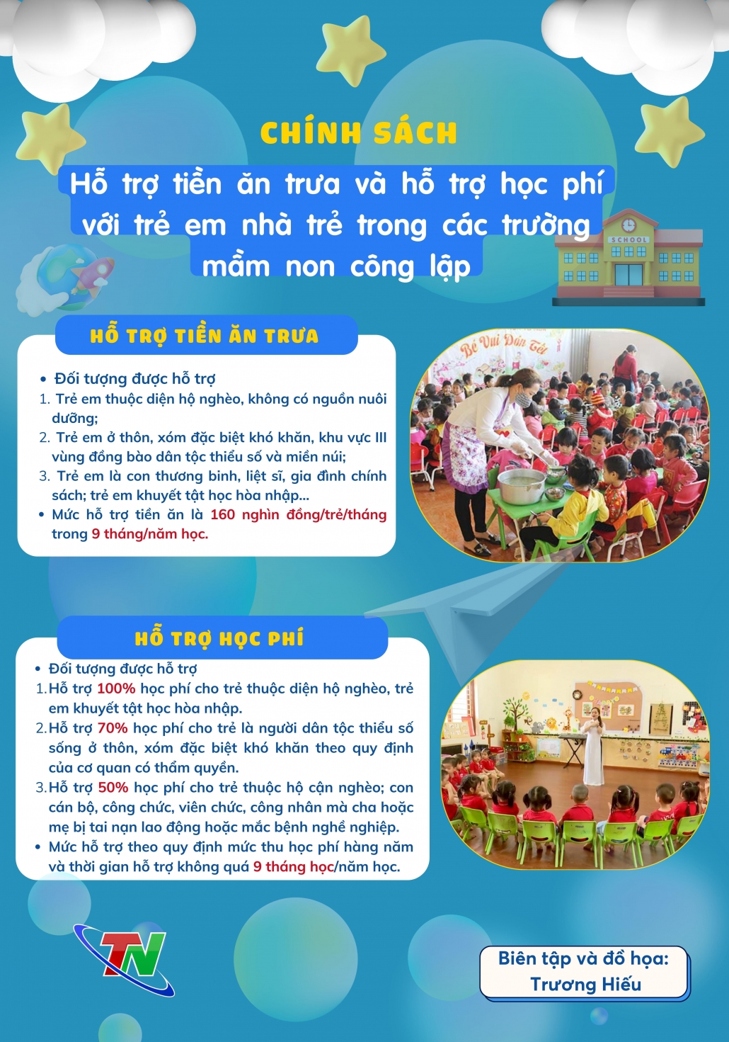 [Infographic] Chính sách hỗ trợ tiền ăn trưa và hỗ trợ học phí với trẻ em nhà trẻ trong các trường mầm non công lập