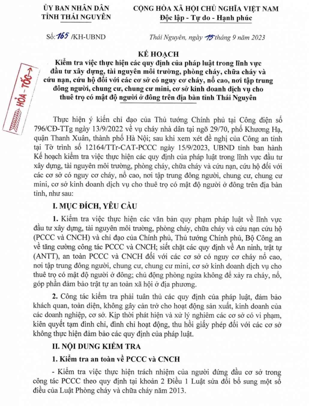 Kế hoạch kiểm tra việc thực hiện các quy định của pháp luật trong lĩnh vực đầu tư xây dựng, tài nguyên môi trường, phòng cháy, chữa cháy và cứu nạn, cứu hộ