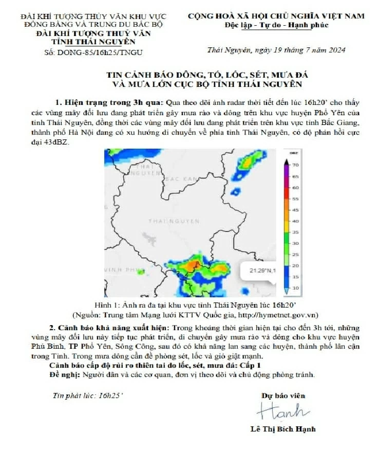 Cảnh báo dông, tố, lốc, sét, mưa đá và mưa lớn cục bộ tại tỉnh Thái Nguyên