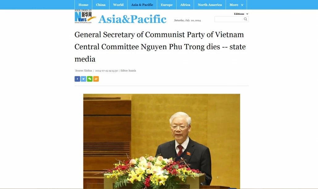Báo chí, truyền thông quốc tế đưa tin Tổng Bí thư Nguyễn Phú Trọng từ trần