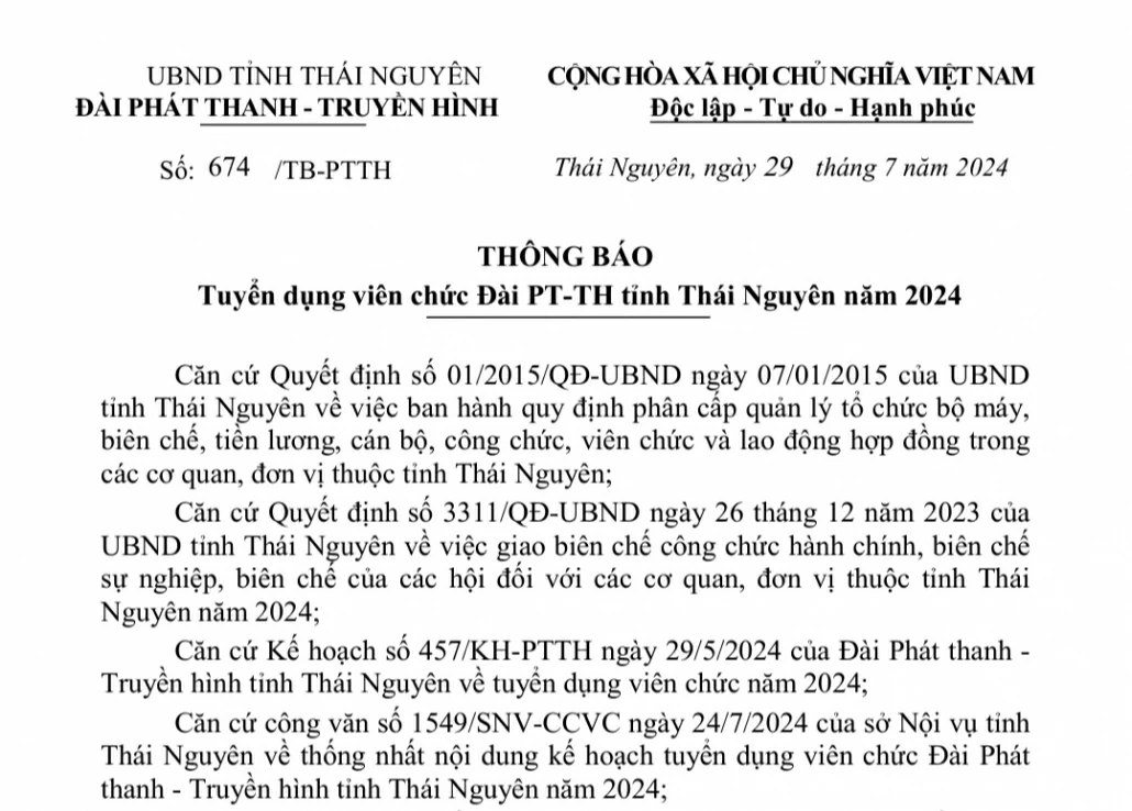 Thông báo tuyển dụng viên chức Đài PT-TH tỉnh Thái Nguyên năm 2024