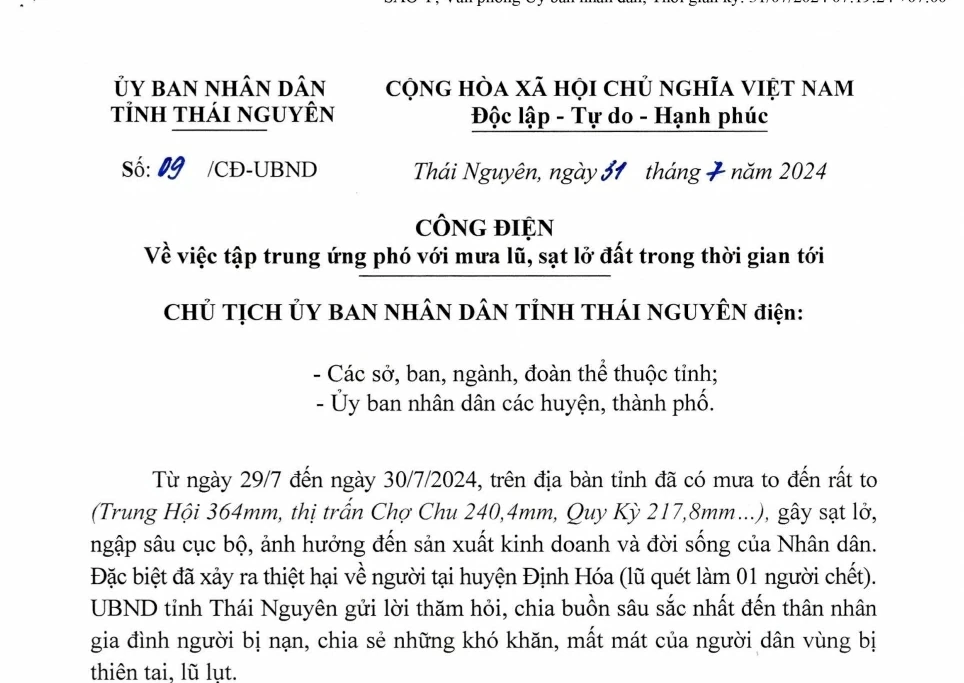 Công điện về việc tập trung ứng phó với mưa lũ, sạt lở đất trong thời gian tới.