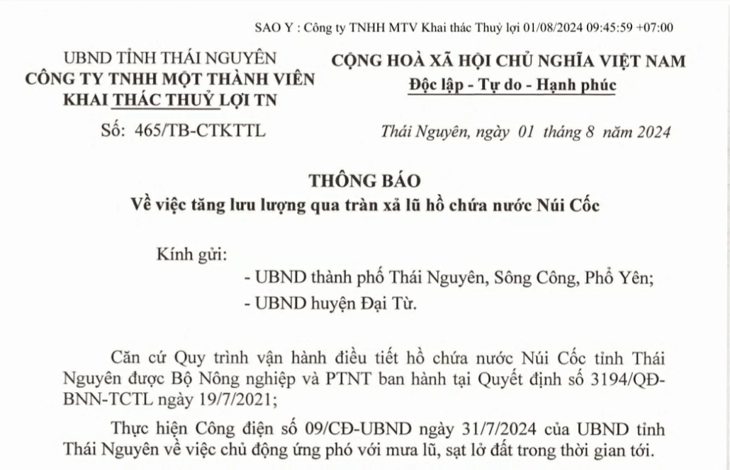 Tăng lưu lượng qua tràn xả lũ hồ chứa nước Núi Cốc