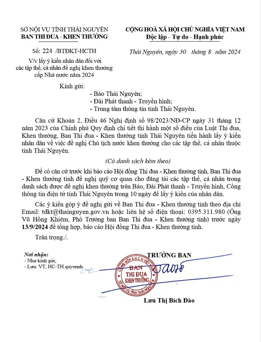 Lấy ý kiến nhân dân đối với các tập thể, cá nhân đề nghị khen thưởng cấp Nhà nước năm 2024