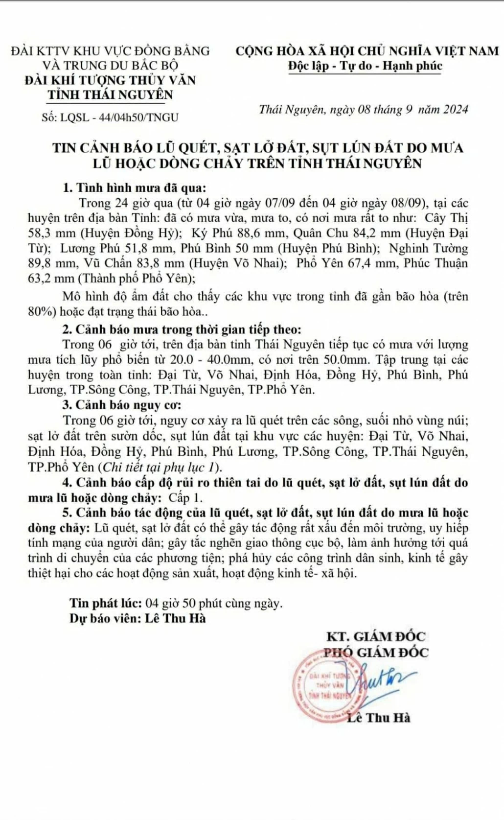 Tin cảnh báo lũ quyét, sạt lở đất, sụt lún đất do mưa lũ hoặc dòng chảy trên địa bàn tỉnh Thái Nguyên