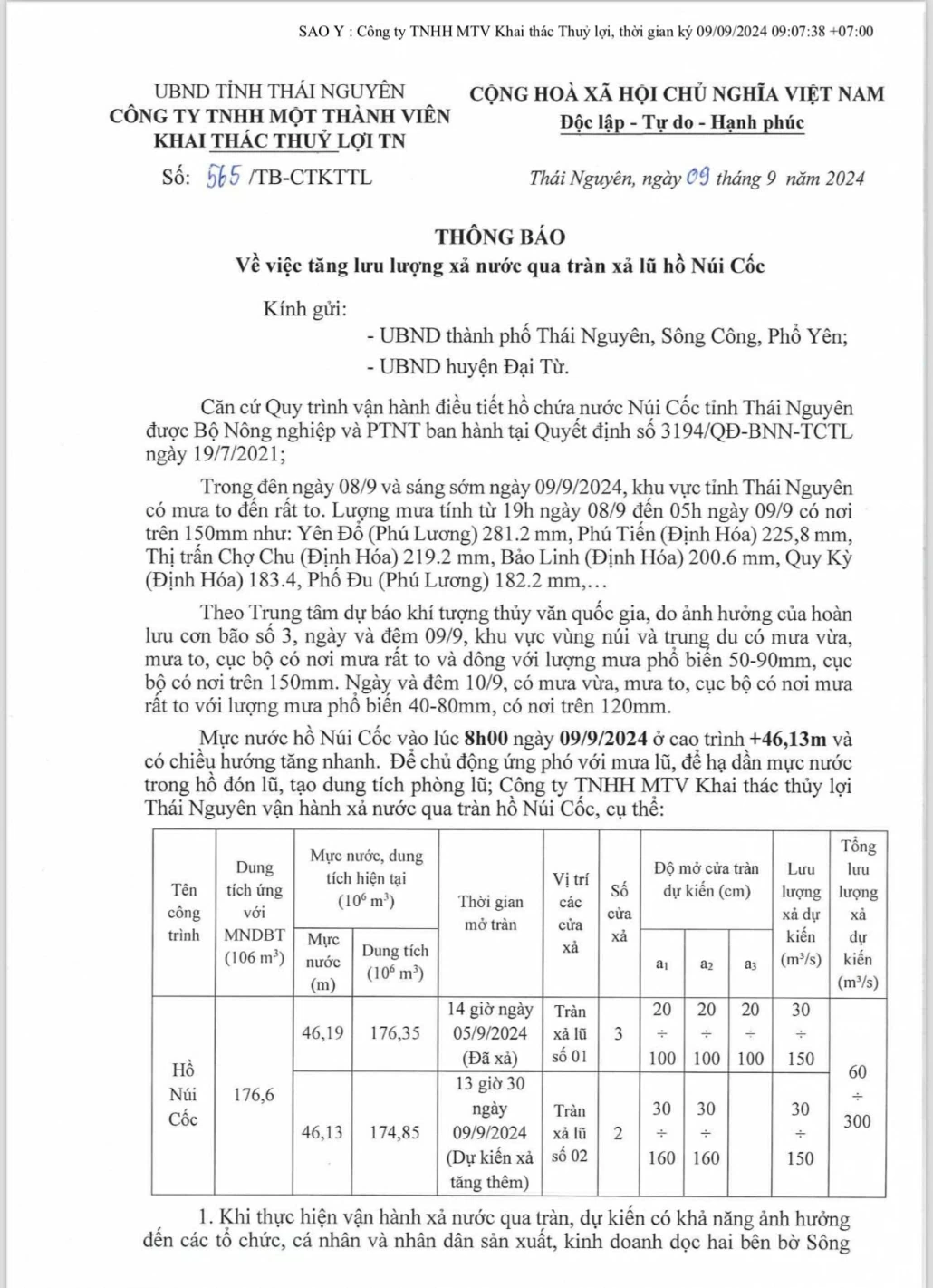 Thông báo về việc tăng lưu lượng xả nước qua tràn xả lũ Hồ Núi Cốc