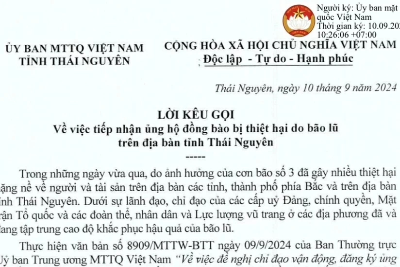 MTTQ tỉnh Thái Nguyên kêu gọi tiếp nhận ủng hộ đồng bào bị thiệt hại do bão lũ trên địa bàn tỉnh Thái Nguyên