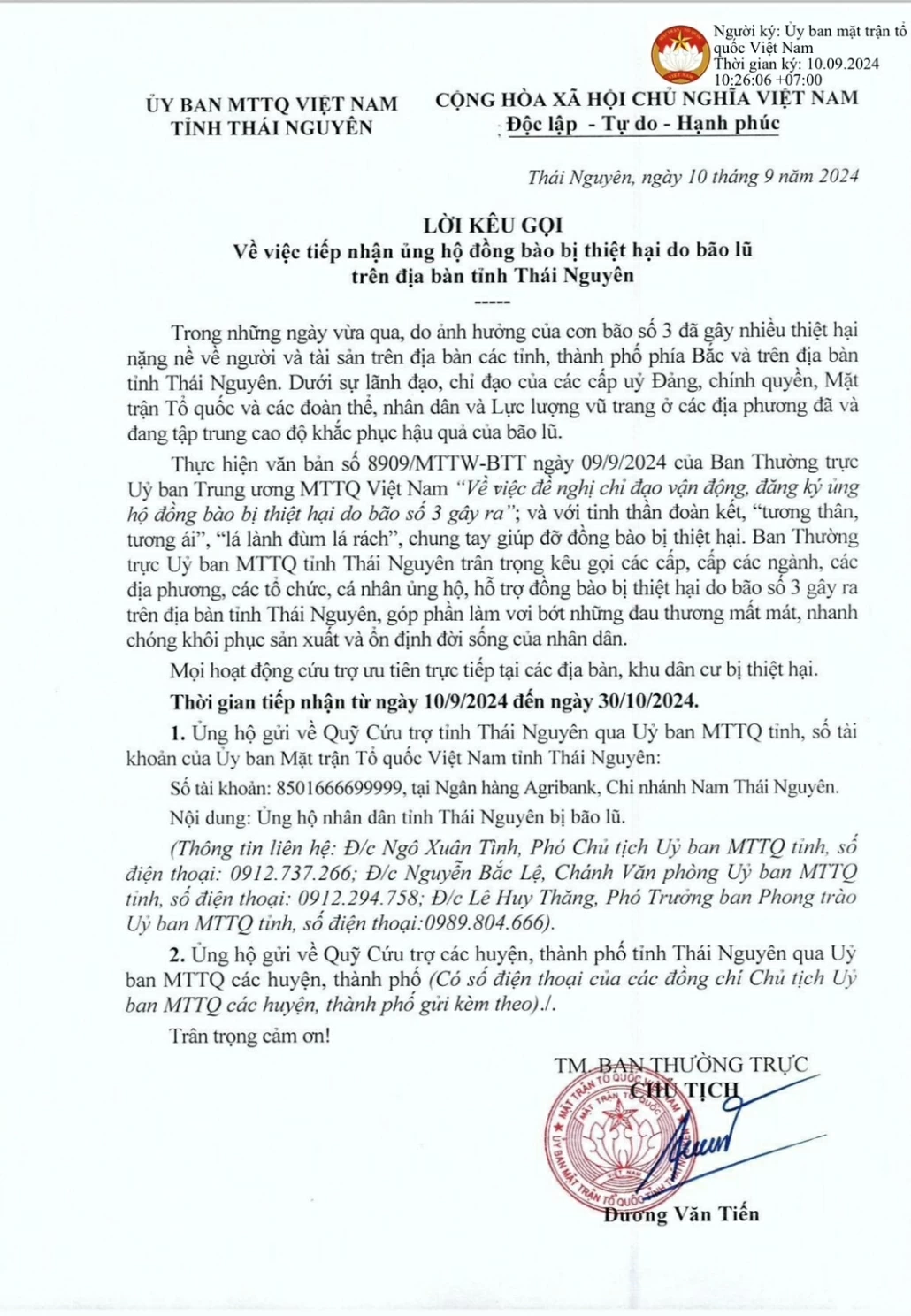 MTTQ tỉnh Thái Nguyên kêu gọi tiếp nhận ủng hộ đồng bào bị thiệt hại do bão lũ trên địa bàn tỉnh Thái Nguyên