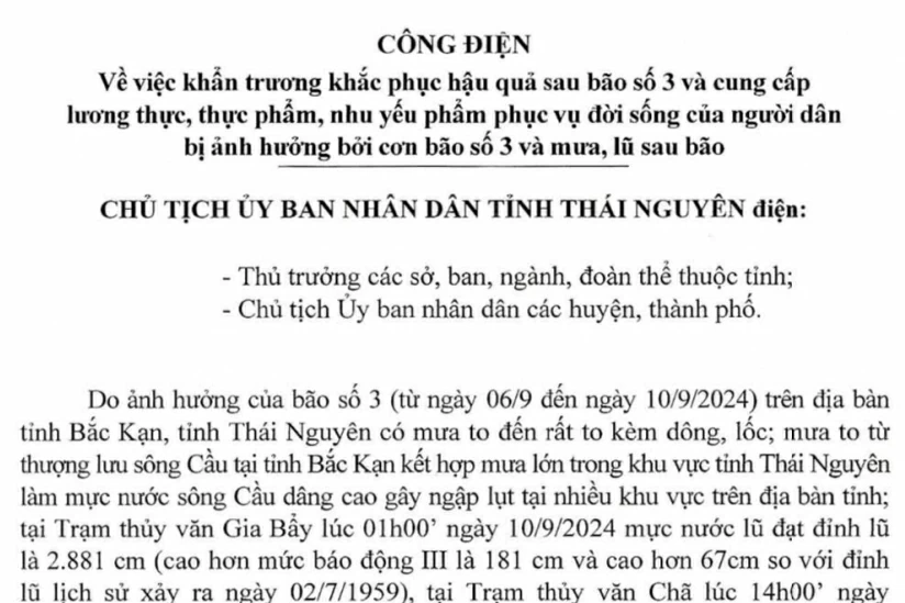 CÔNG ĐIỆN về việc khẩn trương khắc phục hậu quả sau bão số 3 và cung cấp lương thực, thực phẩm, nhu yếu phẩm phục vụ đời sống của người dân bị ảnh hưởng bởi cơn bão số 3 và mưa, lũ sau bão.