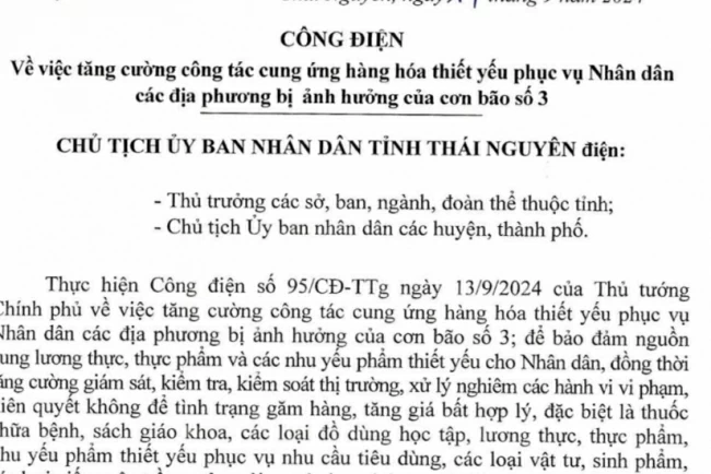 CÔNG ĐIỆN của UBND tỉnh Thái Nguyên