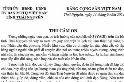 Thư cảm ơn các tổ chức, cá nhân đã chia sẻ, ủng hộ Nhân dân Thái Nguyên khắc phục hậu quả lũ lụt