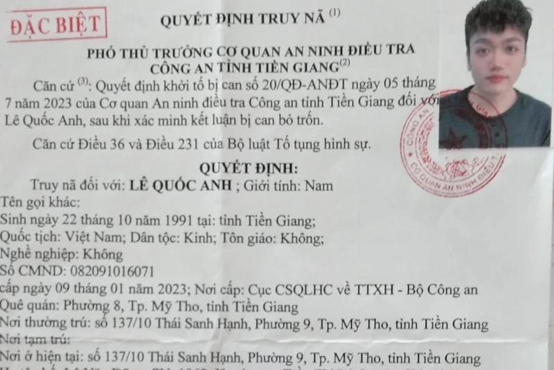 Tiền Giang: Truy nã đặc biệt đối tượng tuyên truyền chống Nhà nước