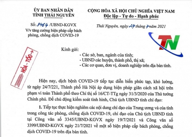 Thái Nguyên tăng cường các biện pháp cấp bách phòng chống dịch COVID-19
