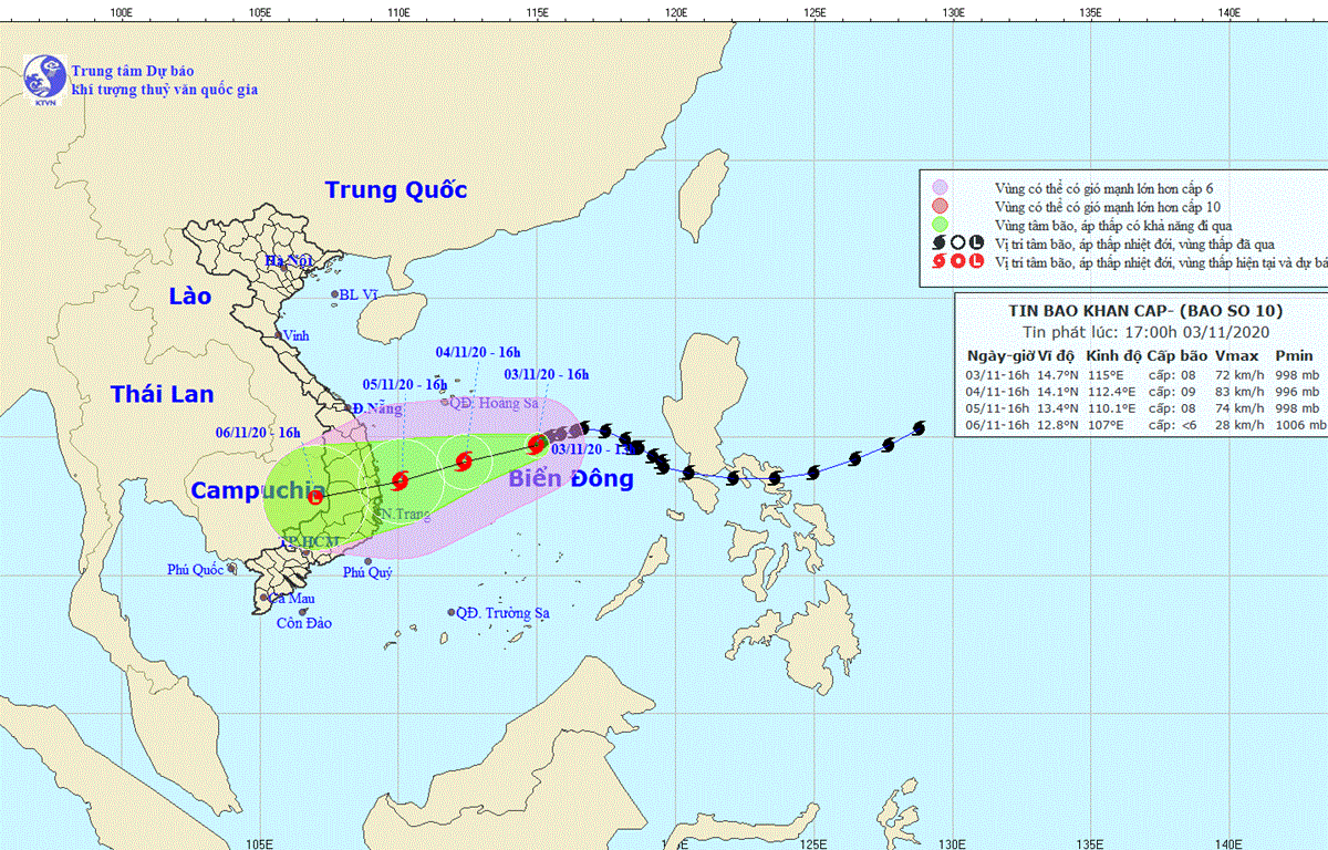 Bản đồ đường đi của bão số 10. (Nguồn: nchmf.gov.vn)