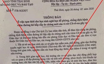 Công văn cho học sinh Thái Bình nghỉ học hết tháng 3 là giả mạo