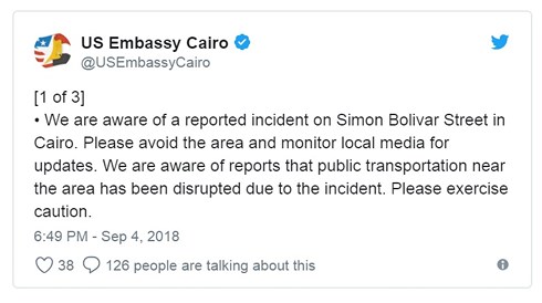 Ai Cập phong tỏa an ninh gần Đại sứ quán Mỹ ở Cairo