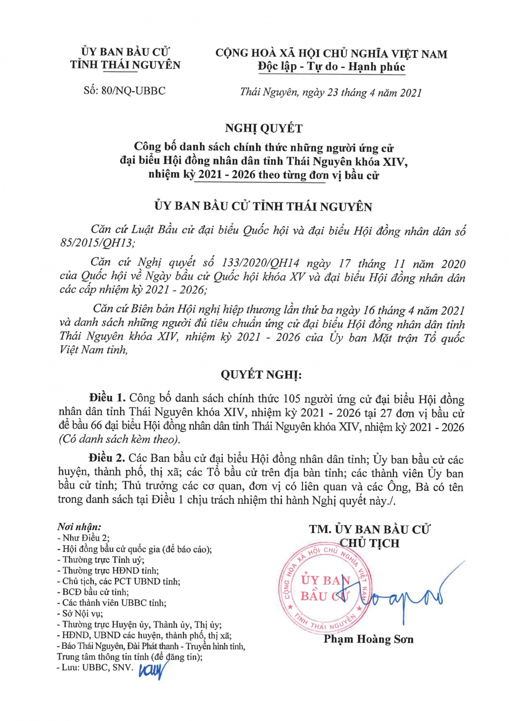 Công bố danh sách những người ứng cử đại biểu HĐND tỉnh Thái Nguyên khóa XIV, nhiệm kỳ 2021-2026