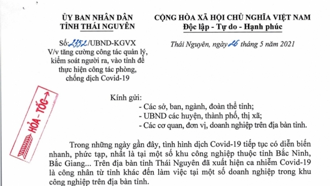 Quản lý, kiểm soát người ra, vào tỉnh Thái Nguyên từ 0h00