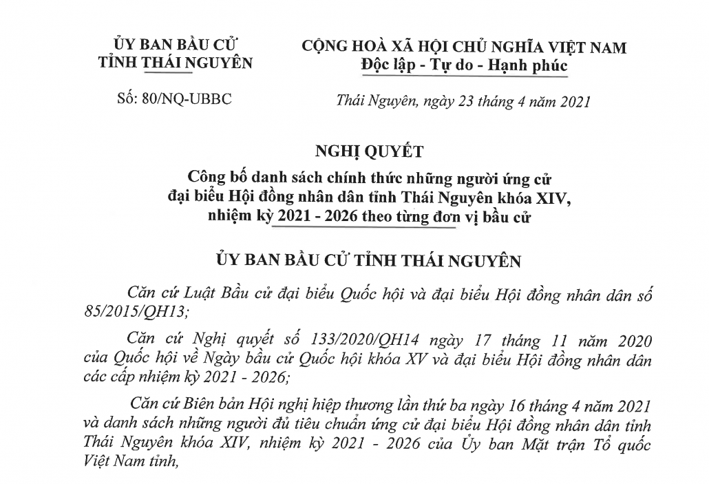 Công bố danh sách những người ứng cử đại biểu HĐND tỉnh Thái Nguyên khóa XIV, nhiệm kỳ 2021-2026