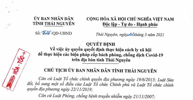 Ủy quyền quyết định thực hiện cách ly xã hội để phòng, chống dịch COVID-19 trên địa bàn tỉnh Thái Nguyên