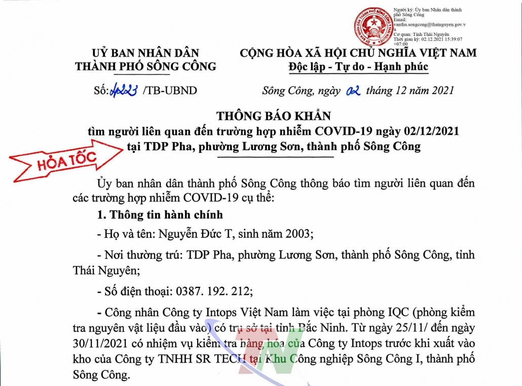 TP Sông Công: Thông báo khẩn tìm người liên quan trường hợp nhiễm COVID-19 ngày 2/12