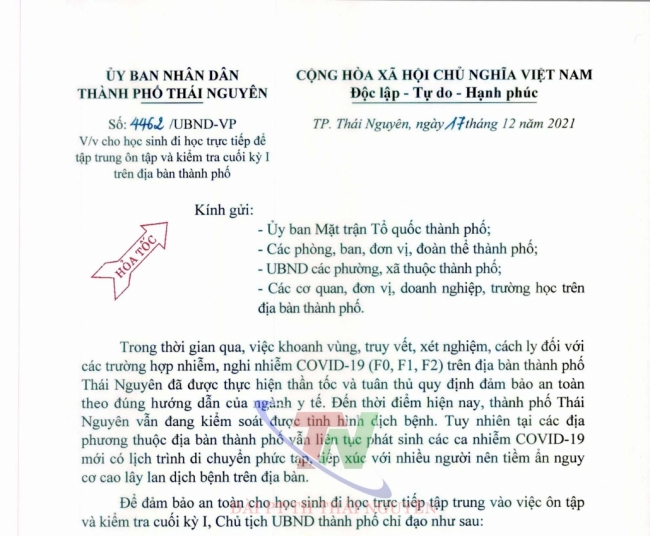 TP Thái Nguyên: Cho học sinh đi học trực tiếp từ ngày 20/12/2021