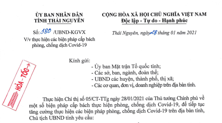Thái Nguyên thực hiện các biện pháp cấp bách phòng, chống dịch COVID-19