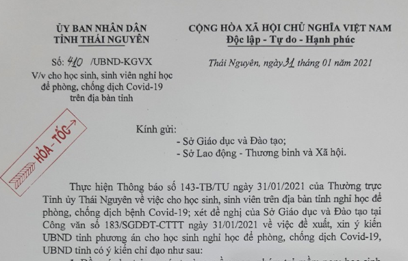 Thái Nguyên: cho trẻ em, học sinh, sinh viên nghỉ học để phòng, chống dịch Covid-19