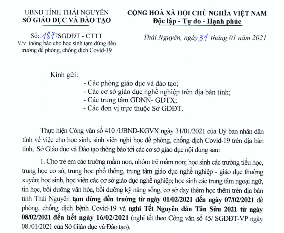Sở Giáo dục và Đào tạo Thái Nguyên: học sinh tạrn dừng đến trường để phòng, chống dịch Covid-19