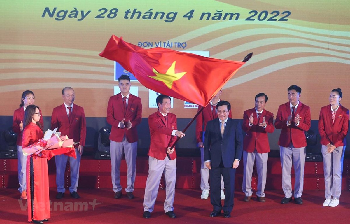 Hình ảnh Lễ xuất quân của Đoàn thể thao Việt Nam dự SEA Games 31. (Ảnh: PV/Vietnam+)