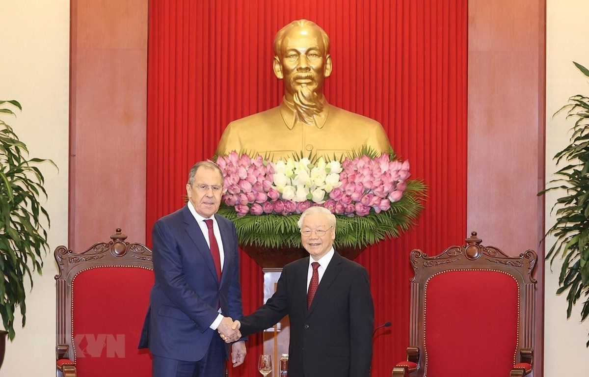 Tổng Bí thư Nguyễn Phú Trọng tiếp Bộ trưởng Ngoại giao Liên bang Nga Sergey Lavrov. (Ảnh: Trí Dũng/TTXVN)