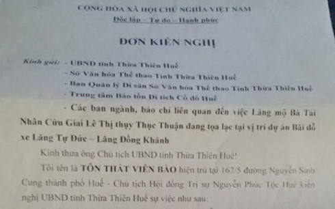 kien nghi khoi phuc lang vo vua tu duc tai vi tri cu