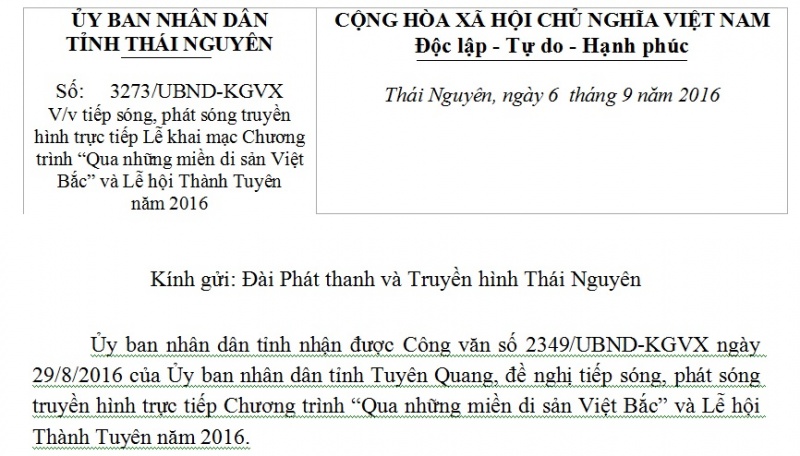 Công văn V/v tiếp sóng, phát sóng truyền hình trực tiếp Lễ khai mạc Chương trình “Qua những miền di sản Việt Bắc” và Lễ hội Thành Tuyên năm 2016