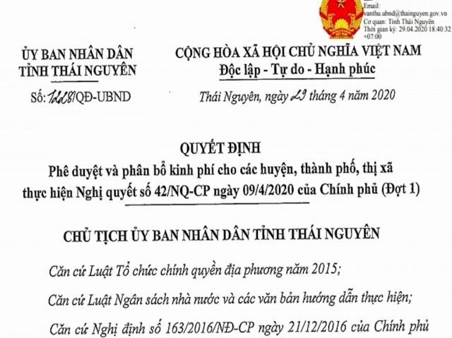Thái Nguyên: Phê duyệt và phân bổ kinh phí đợt 1 theo Nghị quyết số 42 của Chính phủ