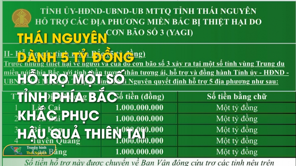 Thái Nguyên dành 5 tỷ đồng hỗ trợ một số tỉnh phía Bắc khắc phục hậu quả thiên tai